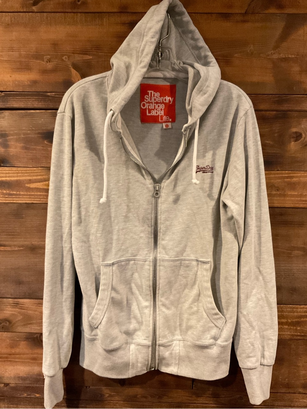 SUPERDRY “Orange Label” Lt Wt Gray Full-Zip Hooded Sweatshirt LARGE MENS WOMENS